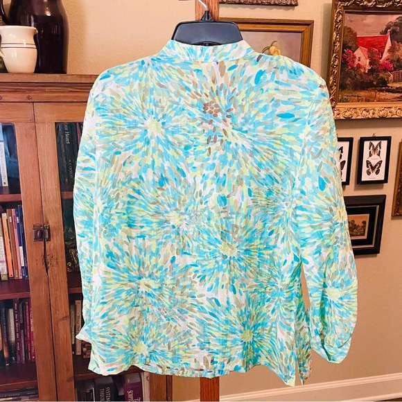Ruby Rd. women’s long sleeve semi-sheer button top SZ 14 blue green white - Picture 7 of 9